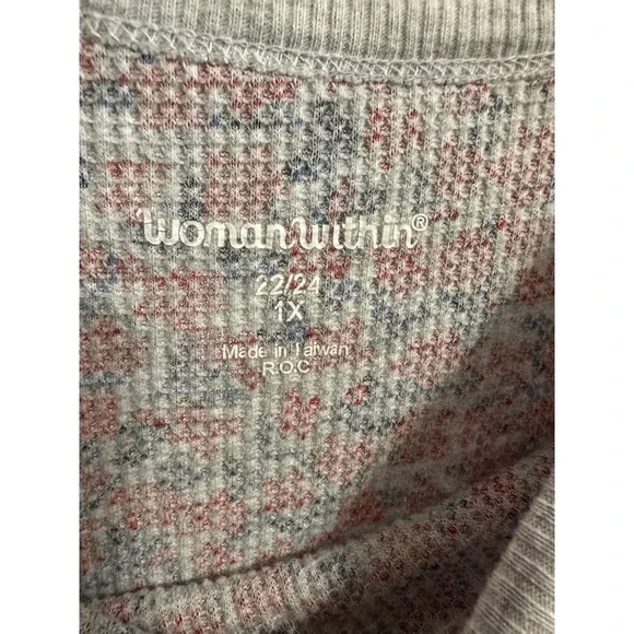 Woman Within Floral Waffle Knit Thermal Top Red Blue Gray Size 1X 22/24 Cozycore - Picture 3 of 6